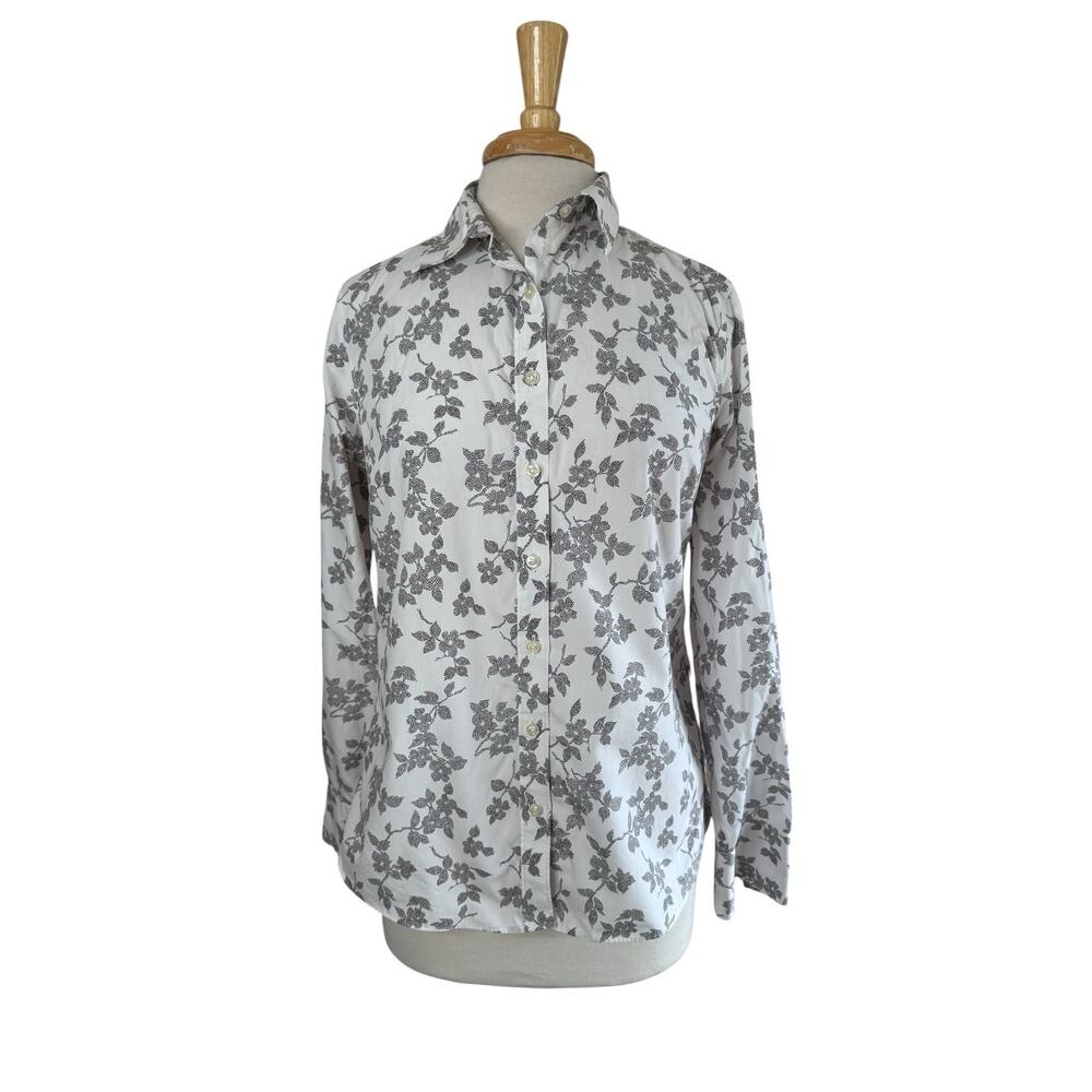 LANDS END Floral Dot No Iron Supima Button Up Shirt Size 10 Womens Black White